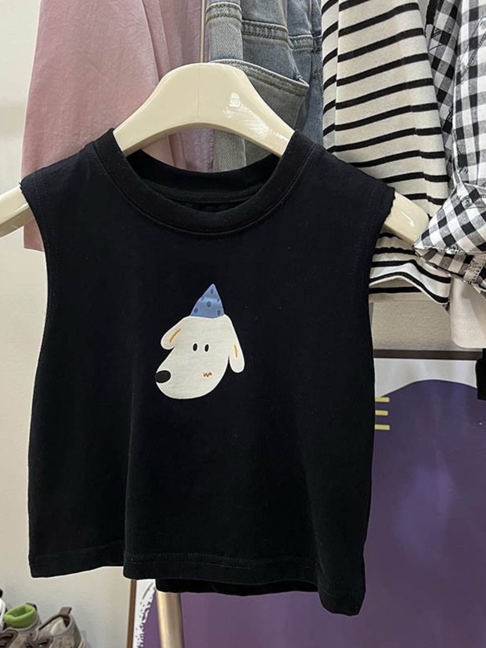 Kids Black Sleeveless Tank with Cute Dog Graphic